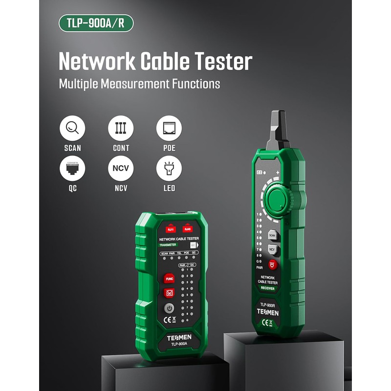 TESMEN TLP-900AR Network Cable Tester, RJ11 RJ45, for CAT5/6/POE/STP, Multi-function