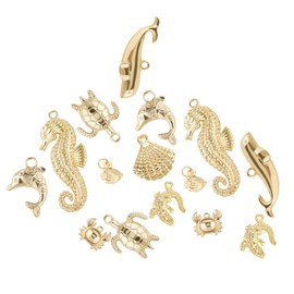 SUNNYCLUE 1 Box 16Pcs 8 Styles Real 14K Gold Plated Charms Gold Sea Theme Animal Charms Tortoise Starfish Seahorse Pendants Bulk for Earring Necklace Bracelet Jewelry Making Supplies