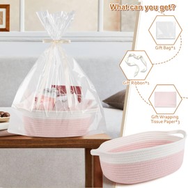 OIAHOMY Gift Basket Empty with Handle, 12"x 8"x 5" Small Woven Basket with Gift Bag, Ribbon and Wrap Tissue Paper, Dog Toy Storage for Organizing - Pink & White