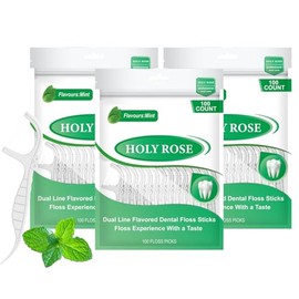 Holy rose Palillos de hilo dental de doble línea, con mango, palillos de hilo dental seleccionados, 300 unidades, color blanco, soporte ergonómico para hilo dental, sabor a menta, doble efecto de li
