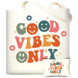 DHQH 2 Pack Canvas Tote Bag with Makeup Bag, Cute Aesthetic Reusable Grocery Shopping Bags Shoulder Bag Birthday Gifts for Women