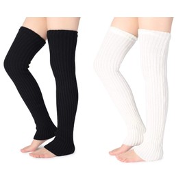 Pareberry Women's Winter Over Knee High Footless Socks Knit Warm Long Leg Warmers (2 Pack-(Black+White))