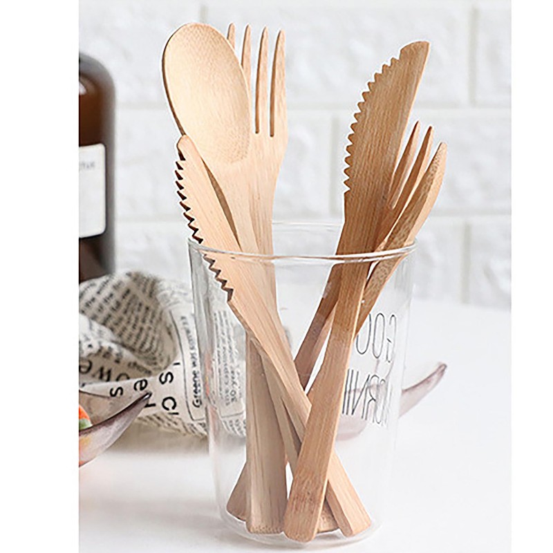 All Bamboo Forks, Knife, Spoons, 6 Pcs 7.87 Inch Thickened