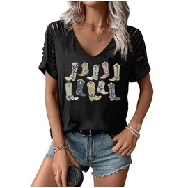 Womens Cut Out Cold Shoulder T Shirts Boho Floral Graphic Tshirts Nashville Country Lacerated Sleeve Cowgirls Tee Tops(Western Black1,Small)