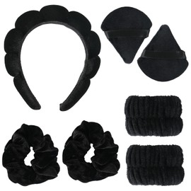 Set 7 en 1 AGTOWM en negro: diadema nube ergonómica, muñequeras, borlas y scrunchies