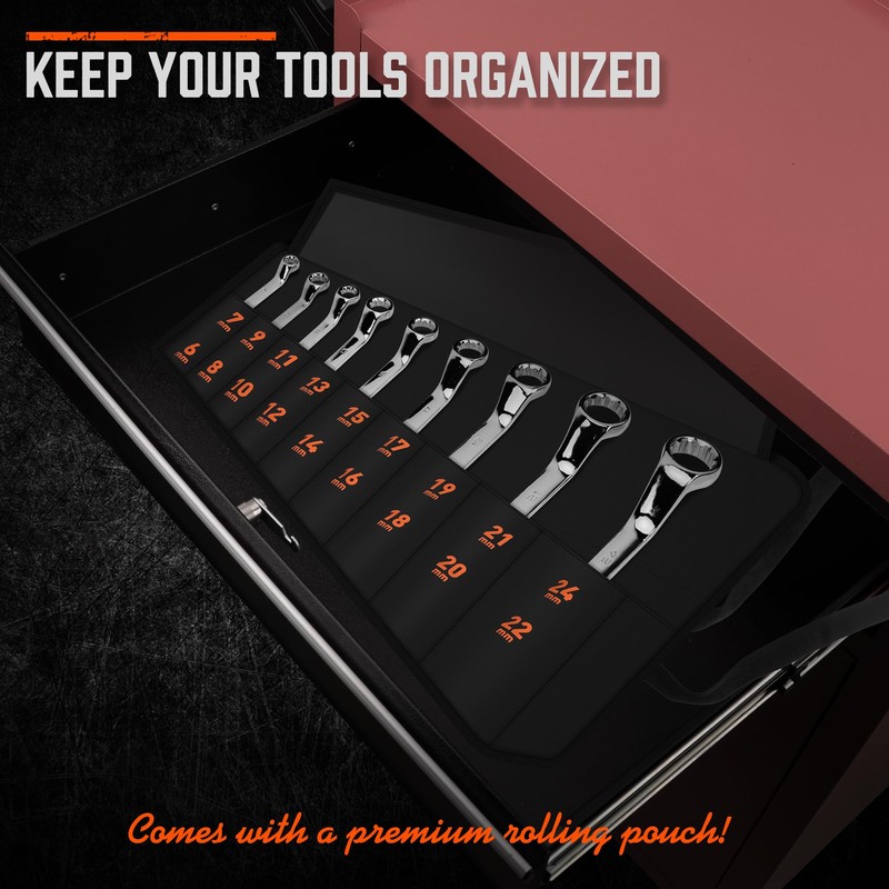 HORUSDY 9-Pece Metric Offset Box Wrench Set with Rolling Pouch,