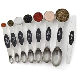 Magnetic Measuring Spoons Set of 8 Stainless Steel, Dual Sided,Fits in Spice Jars, Measuring Spoons Nesting Tablespoons for Measuring Dry and Liquid Ingredients (Black)