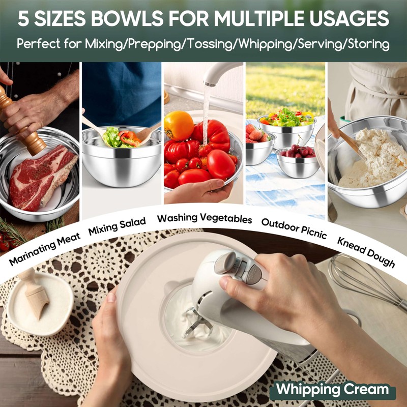Herogo 5-Piece Mixing Bowls with Lids, 3 Grater Attachments, Stainless