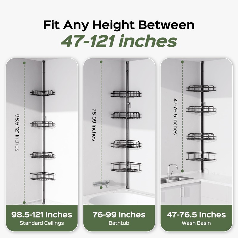 HAMITOR Shower Caddy Tension Pole: 4-Tier Rustproof Bathroom Corner Shelf