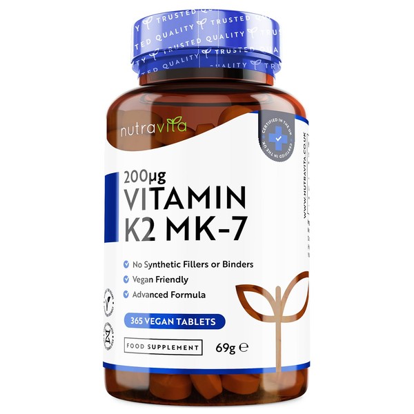 Vitamin K2 MK-7 200mcg - 365 Vegan Micro Tablets (Not Capsules) - Supports Maintenance of Normal Bones - High Strength Menaquinone MK7 - Made in The UK by Nutravita