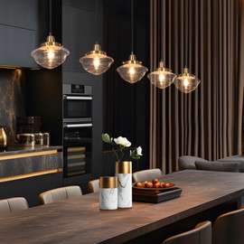 GEPOW Black Gold Kitchen Island Lighting, Modern 5 Lights Adjustable Linear Chandeliers Over Table, Farmhouse Dining Room Pendant Light Fixtures with Seeded Glass Shade, 44" Length