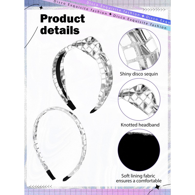 2 Pcs 70s Silver Disco Headband for Women, Halloween Costume,
