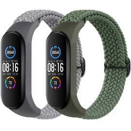 2 Pack Nylon Bands for Xiaomi Mi Band 7/6/5/4/3 Bands, Soft Braided Nylon Solo Sport Replacement Straps for Xiaomi Mi Band 7/6/5/4/3 Fitness Tracker (Gray+Green)