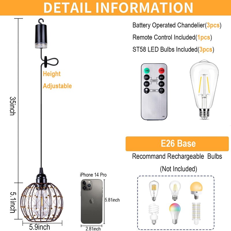 Hanging Pendant Lights, Battery Operated Outdoor Chandelier with Warm White
