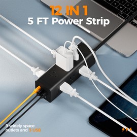 Surge Protector Power Strip, TESSAN 5 FT Extension Cord with Multiple Outlets Flat Plug, 12 Outlet Extender with 3 USB(1 USB C), 4-Sided Charging Station for Home Office Supplies Dorm Room Essentials