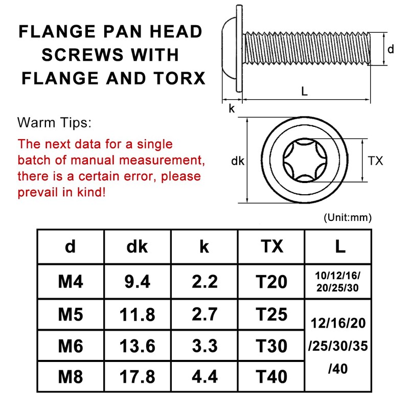Drenky Flat Head Screws with Flange Pack of 20 Torx