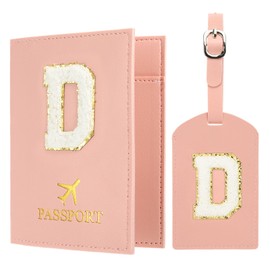 PATIKIL Passport Holder for Travel, Initial Passport Cover and Luggage Tag Set with Alphabet Chenille Letter Patch Travel Wallet Bag Suitcase Identifier for Women Family Travel Pink D