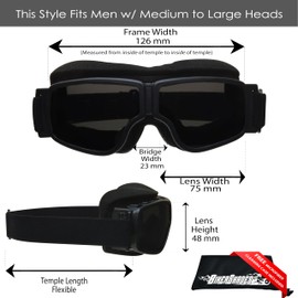 Motorcycle Biker Goggles Over Glasses with Polycarbonate Safety Smoke Lenses. Extra Large Microfiber Cleaning Case Included