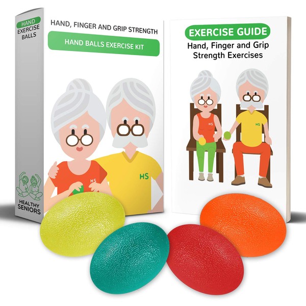 Healthy Seniors Hand Exercise Balls for Arthritis - Set of 4 Squeeze Balls for Hand Therapy for Finger, Wrist, Carpal Tunnel, or Rheumatoid Arthritis. Great Anxiety Relief or Stress Balls for Adults