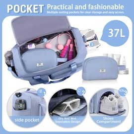 FIORETTO Women's Water-Resistant Gym Duffle Bag with Shoes Compartment, 37L Capacity, Multi-Functional, Ideal for Travel, Gym, Sports, Duffel, Weekender, Blue(with Toiletry Bag)