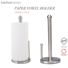 Kitchen Details Countertop Single Tear Paper Towel Holder, Free Standing, Weighted Bottom, Holds Standard Rolls, Dispenser Bar Prevents Unraveling, Stainless Steel