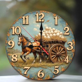 Rustic Horse Cart Egg Clock Wall Decor 10-Inch Wooden Wall Clock, Silent Movement, Battery Operated (AA Batteries Not Included), Artistic Home Decor, Perfect for Home Accents
