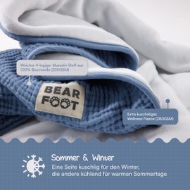 BEARFOOT Baby Blanket - Muslin Fleece Blanket (Cotton, Fleece) Fluffy Soft Cuddly Blanket, Baby/Newborn/Children Gift Boy & Girl for Birth