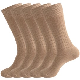 PUJANE Men's Dress Crew Socks 5 Pairs Mens Cotton Calf Business Formal Soft Breathable Athletic Long Sport Socks (Beige Size L)