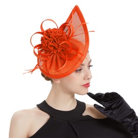 LATIMOON Fascinators for Women Derby Pillbox Wedding Hat Cocktail Tea Party Feather Headband（orange）