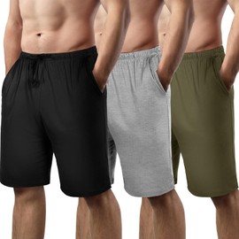 Bunnycool 3 Pack Men's Pajama Short Sleep Lounge Shorts Soft Pants Sleep Pj Bottoms Elastic Waist with Pockets for Men (Black, Gray, Army Green,M)