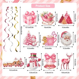 Pink Christmas Hanging Swirls Decorations, 20 Pcs Pink Xmas Theme Party Ornaments Merry Christmas Hanging Foil Ceiling Decor Party Streamers for Indoor Outdoor Christmas Winter Holiday Party Supplies