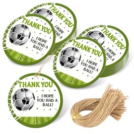 SEEVOR 30 Pcs Soccer Thank You Gift Tags with String Sport Theme Party Supplies for DIY, Gift Wrapping, Birthday, Teacher Appreciation, 3 Inch ﻿ (Soccer)
