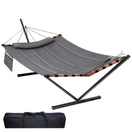 TegerDeger 12FT 2 Person Hammock with Stand Included 55 x 79IN Large Hammock 450LB Capacity with Hardwood Spreader Bar & Nylon Rope for Outside, Patio, Garden, Backyard, Beach, Poolside - Gray