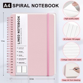 Lined Spiral Journal Notebook, A4 Hardcover Leather Notebook for Work, 8.5''×11'', 100GSM Thick Paper Spiral Bound Journaling Notebooks for Women & Men Office School Note Taking Business, Pink