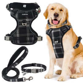 GAMUDA Dog Harness Collar and Leash Set, Horse Care Sheets, No Chock No Pull Adjustable Vest Harnesses Plaid Reflective for Medium Dog, Cat, Small Horse, Small Bull and Pig (Black, L)