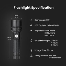 Feit Electric LED Long Range Flashlight, 600 Lumens, 3 Light Modes, 1/4 Mile Zoom, Rechargeable, Waterproof, and Weather-Resistant for Outdoor Adventures and Emergency Kits, FLR600/LT/FLEX