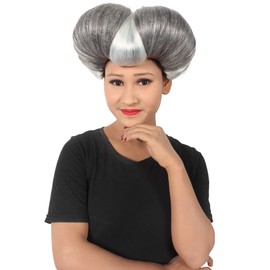 HPO Adult Women's Evil Stepmother Heart-shaped Pompadour Multiple Color Options Wig, Capless Cap Design for Comfort (Grey & Silver)