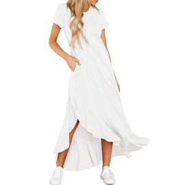 R.Vivimos Womens Summer Cotton Short Sleeves Casual Split Beach T Shirt Maxi Dress with Pockets (Small, White)