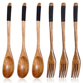 6 Pcs Wooden Spoon and Fork for Eating Utensil Set, Wooden Utensils for Eatings Kitchen Wood Dinner Flatware Tableware Set, Reusable Bamboo Eat Utensils for Cooking Eating Kitchen
