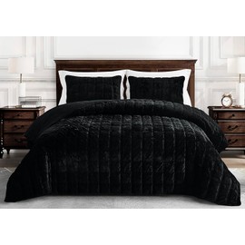 Chezmoi Collection Piers Black Velvet Quilt Oversized King Set, 3-Piece Lush Plush Distressed Velvet Bedding All Season Lightweight Comforter - Brushed Microfiber Reverse with Double Square Stitch