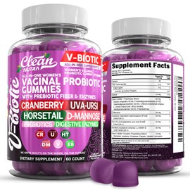 Clean Nutraceuticals Vaginal Probiotics for Women Gummies with Cranberry, Uva Ursi, Horsetail, D-Mannose, Prebiotics & Digestive Enzymes, Vaginal Health Supplement for pH Balance Flora Odor VBiotic