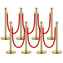 Stainless Steel Stanchion Post, 8 Pcs Gold Stanchions with 5 FT Red Ropes and Poles, Hollow Base and Velvet Ropes Safety Barriers Set Carpet Runner for Party