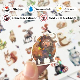 Animal Glitter Stickers with Glitter Effect, 6 Pieces, Over 150 Motifs, Glitter Stickers, Animal Stickers, Holographic Animals, Forest Animals for Children, Girls, Scrapbooking, Photo Album, Gifts