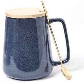 Large Ceramics Coffee Mugs,24 OZ,With Spoon And Wooden Lid,For Coffee,Tea,Cocoa,Large Handle Design,Microwave And Dishwasher Safe(Color:24 oz blue set)