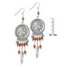 Buffalo Nickel Silvertone Feather Fish Hook Beaded Coin Earrings