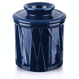 KOOV Porcelain Butter Crock, French Butter Dish, Ceramic Butter Keeper for Counter, Big Capacity, Irregular Striped Series (Aegean)