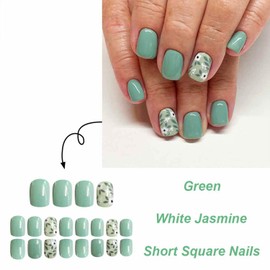 Green Press on Nails Short Square Fake Nails with Flower Design Acrylic Nails Full Cover False Nails Glossy Glue on Nails White Floral Stick on Nails for Women 24Pcs