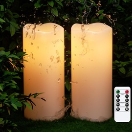 GenSwin 8” x 4” Waterproof Outdoor Flameless Candles Battery Operated with Remote Timer, Large Flickering LED Pillar Candles for Indoor Outdoor Lanterns, Won’t melt, Long-Lasting(White, Set of 2)
