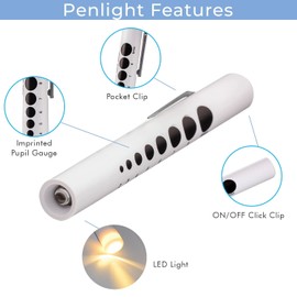 Optimum Pack of 6 Disposable Diagnostic Penlight with Imprinted Pupil Gauge, Lightweight and Moulded Plastic Body Medical Pen Light for Nurse, Student, Doctors EMT, White