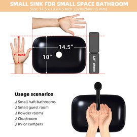 MAISINK Black Vessel Sink 14.5"x10" Small Bathroom Sink Above Counter 14 Inch Black Ceramic Porcelain Small Vessel Sink Bowl for Vanity Wash Basin